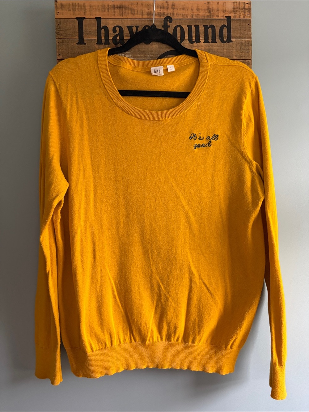 GAP Bright Yellow Cotton Crewneck Sweater with 'It's All Good' Embroidery